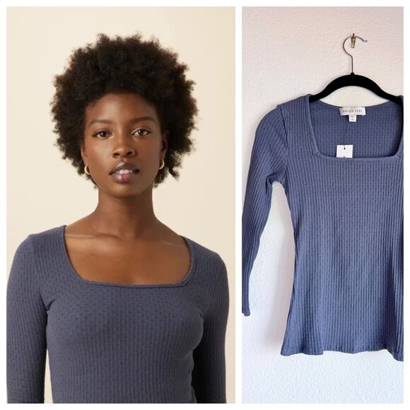 NWT Amour Vert Corsica Square Neck Waffle Knit Top in Pacific Blue Size XXS - Picture 1 of 9